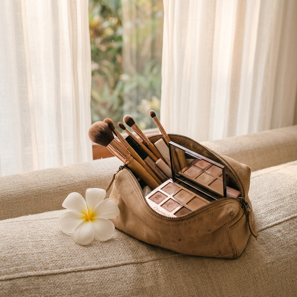Trousse de maquillage ouverte sur canapé en lin avec fleur de tipanié, lumière naturelle, ambiance prestation à domicile