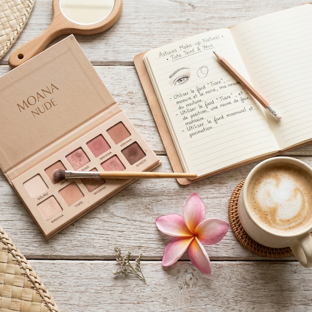 Palette de fards nude, carnet et fleur de tipanié rose sur table en bois pour un cours de maquillage