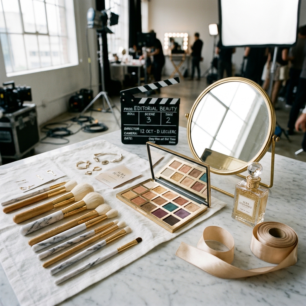 Pinceaux et palette de fards sur fond marbre avec accessoires dorés, ambiance backstage shooting professionnel