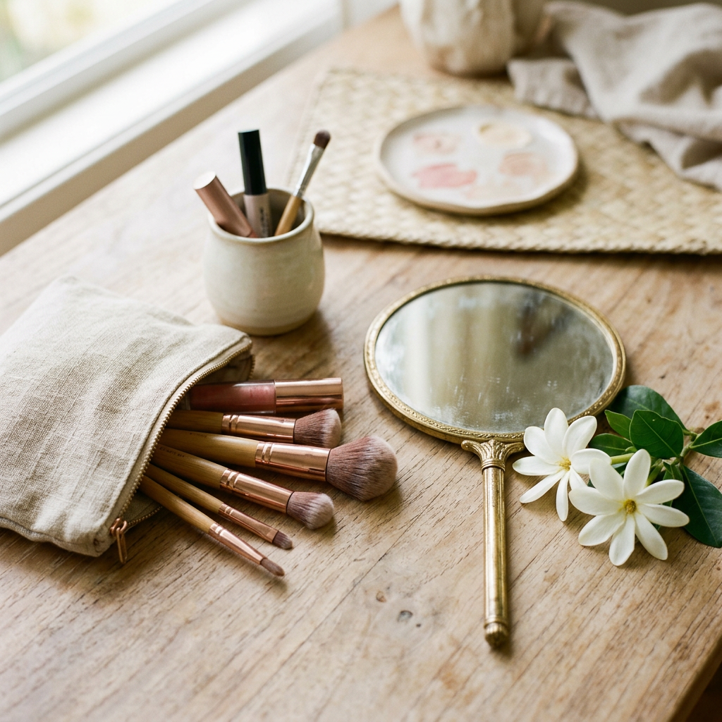 Trousse de maquillage en lin posée à côté d'un miroir doré vintage et de fleurs de tipanié sur une table en bois clair